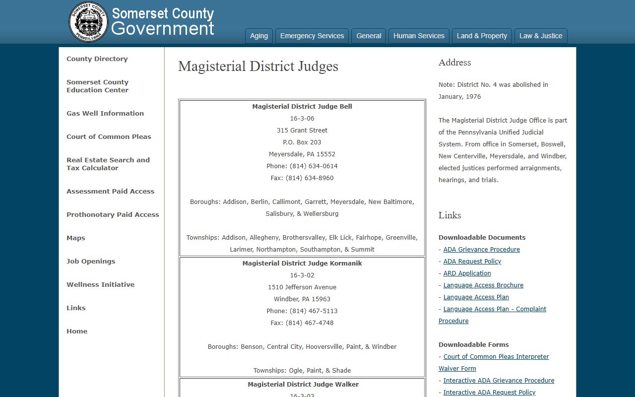 Somerset County criminal court records Clerk of Courts page