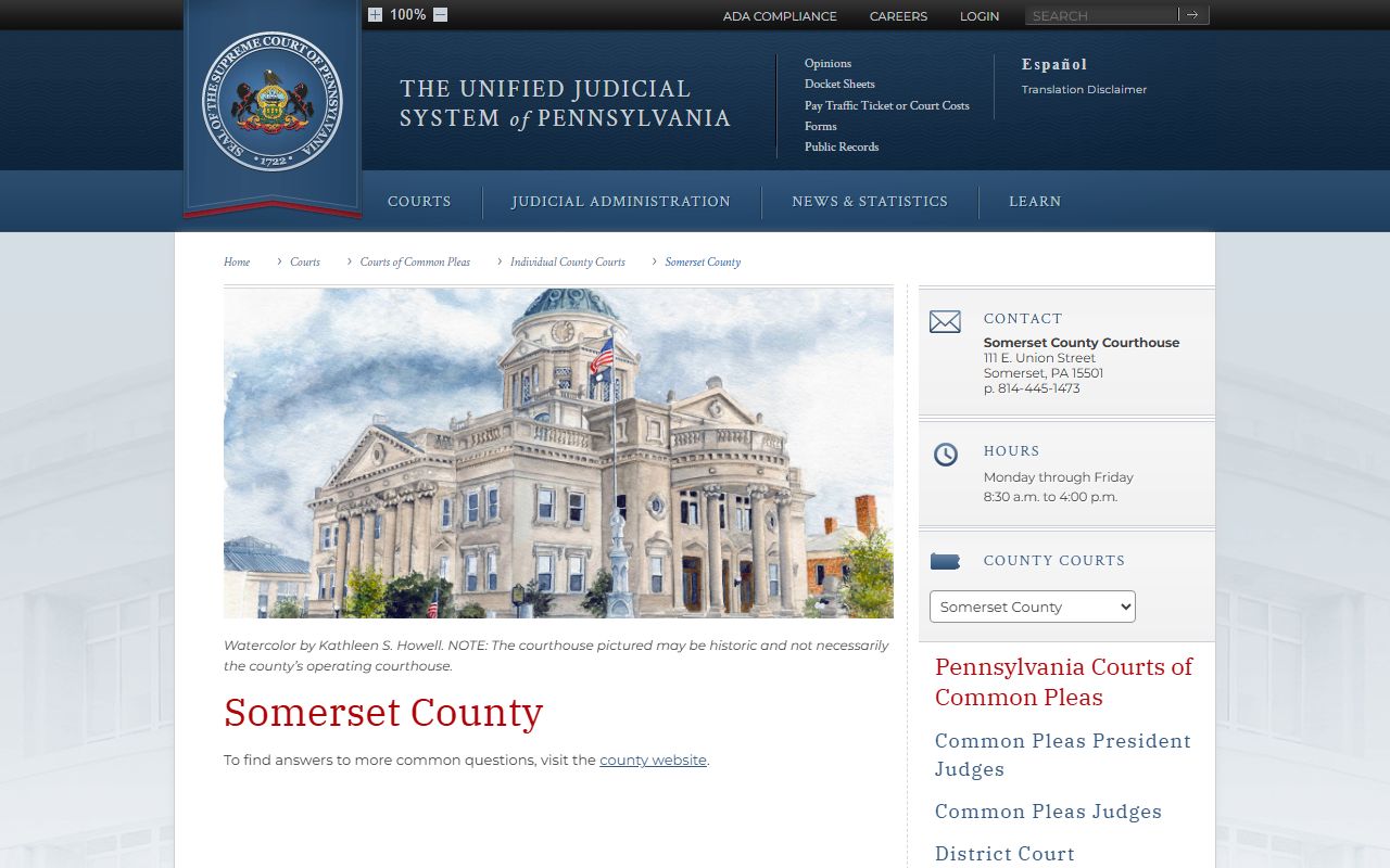Somerset County Court of Common Pleas records page from Pennsylvania Courts