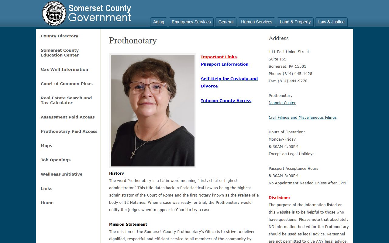 Somerset County divorce records Prothonotary page
